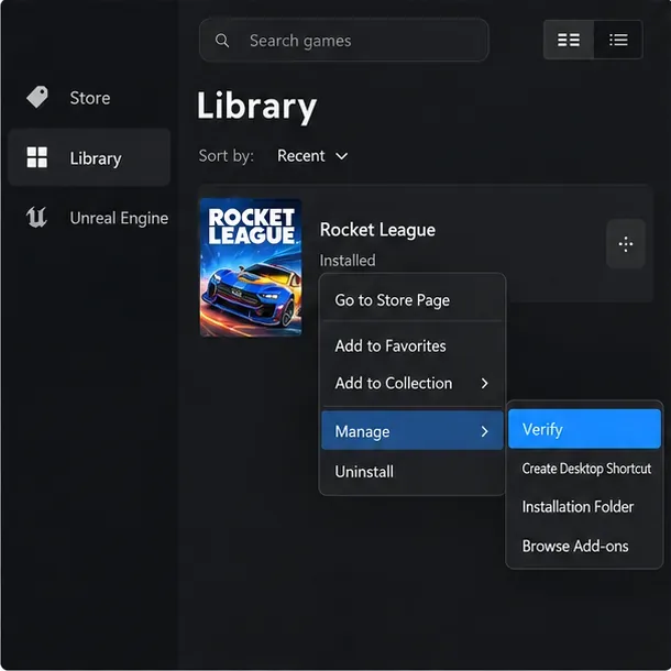 Biblioteca de Epic Games Launcher con Rocket League seleccionado y Administrar y luego Verificar resaltado.