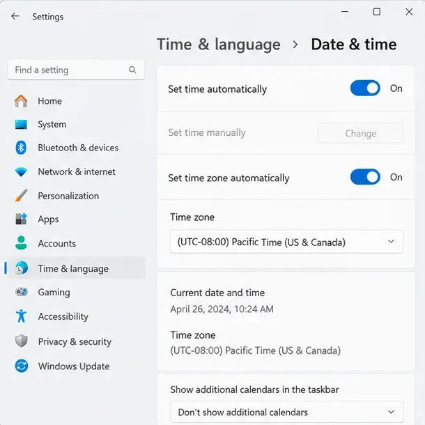 Configuración de fecha y hora de Windows que muestra las opciones de hora y zona horaria automáticas habilitadas.