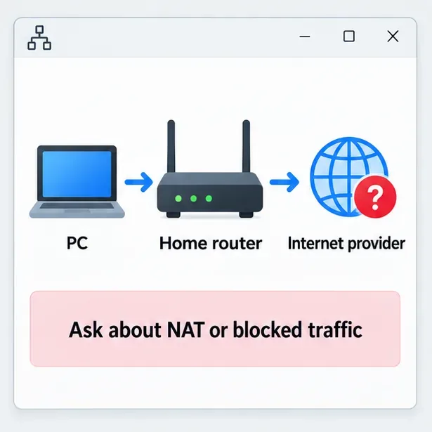 Schematic network path from PC to home router to internet provider, with a question mark by the provider and the words “Ask about NAT or blocked traffic.”