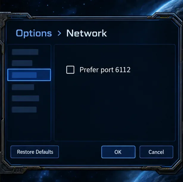 Schematic StarCraft network options screen showing the “Prefer port 6112” checkbox unchecked.