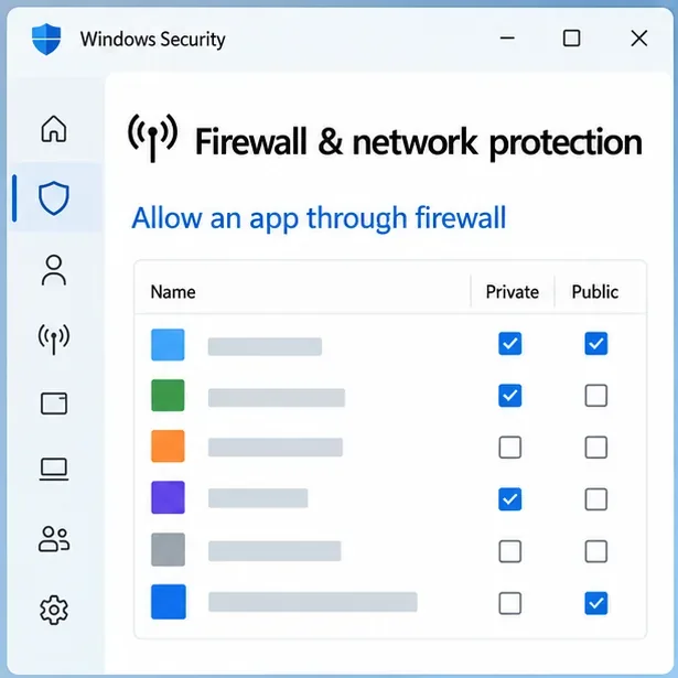 Windows Security firewall page with “Firewall & network protection” and “Allow an app through firewall” headings.