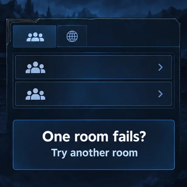 Schematic game-room list paired with the prompt “One room fails? Try another room.”