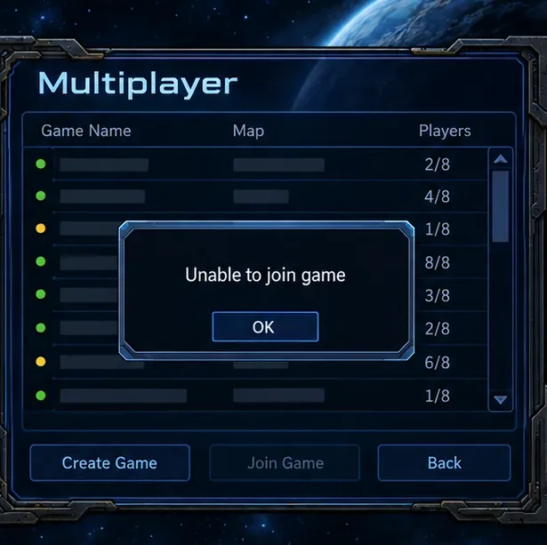 Schematic multiplayer room list with an “Unable to join game” message over the lobby.