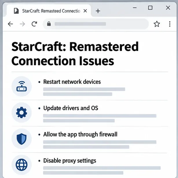 Schematic browser-style connection help page listing network restart, system updates, firewall permissions, and proxy checks.