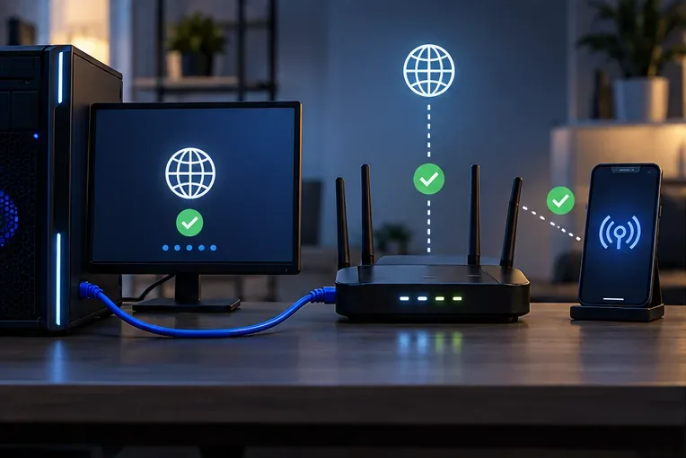 Un PC de jeu se connecte à un routeur par Ethernet tandis qu'un téléphone affiche une connexion sans fil alternative.