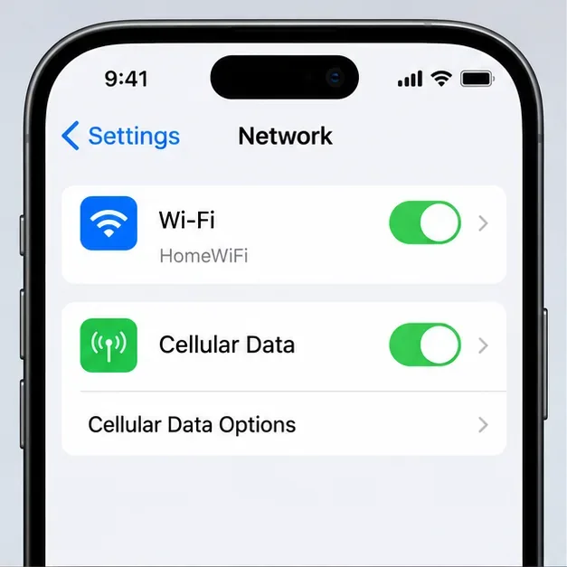 A phone network settings screen showing Wi-Fi and cellular data options for comparing connections