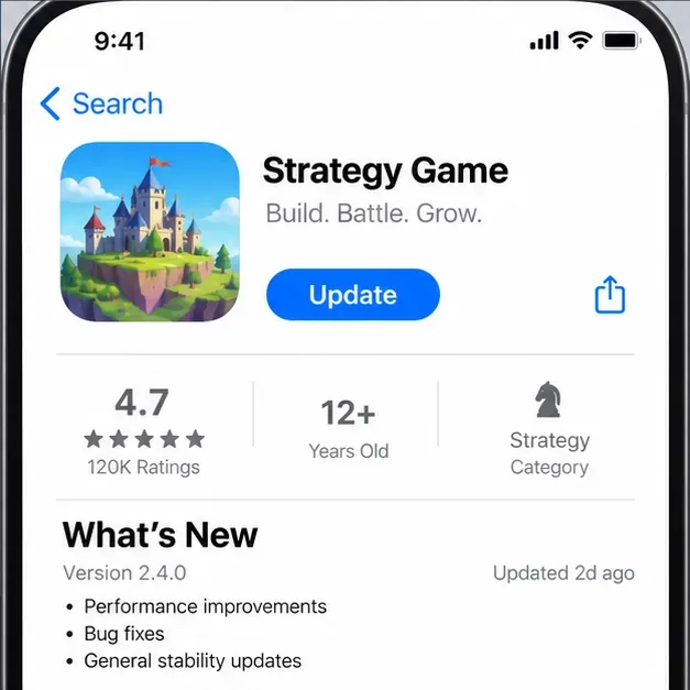 A generic mobile app store listing for a strategy game with an Update button