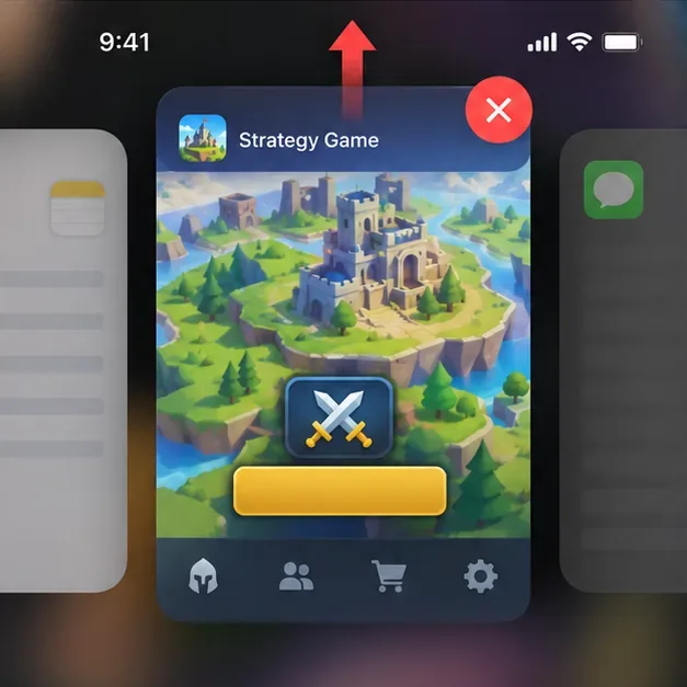 A phone app switcher showing a strategy game card being swiped away to close the app