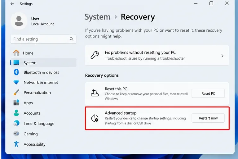고급 시작 옵션이 선택된 Windows 11 설정 시스템 복구 페이지입니다.