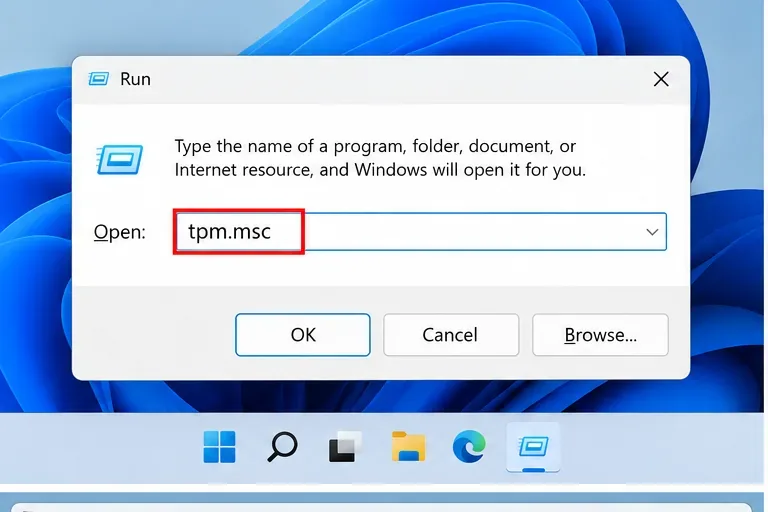 Windows 11 실행 대화 상자에 tpm.msc를 입력하여 신뢰할 수 있는 플랫폼 모듈 관리(TPM)를 엽니다.