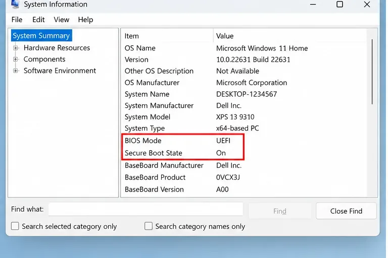 Windows 시스템 정보에서 BIOS 모드가 UEFI이고 보안 부팅 상태가 켜져 있는 것을 보여줍니다.