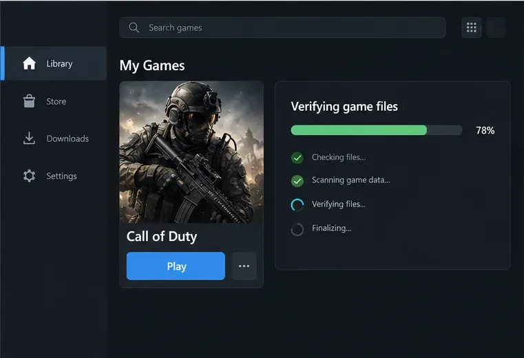 Ogólna biblioteka programów uruchamiających gry wyświetla Call of Duty obok paska postępu weryfikacji pliku.