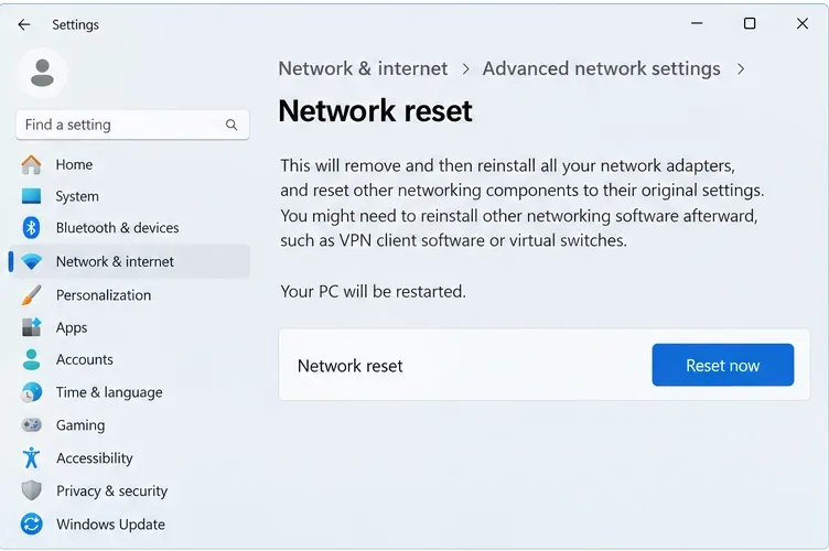 Page de réinitialisation réseau de Windows 11 sous Paramètres réseau avancés avec le bouton Réinitialiser maintenant visible.
