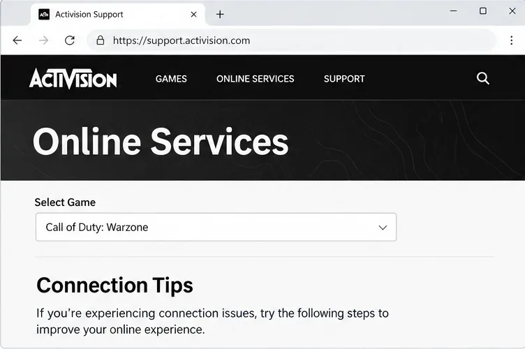 Page des services en ligne d'Activision avec Call of Duty : Warzone sélectionné et une section Conseils de connexion.
