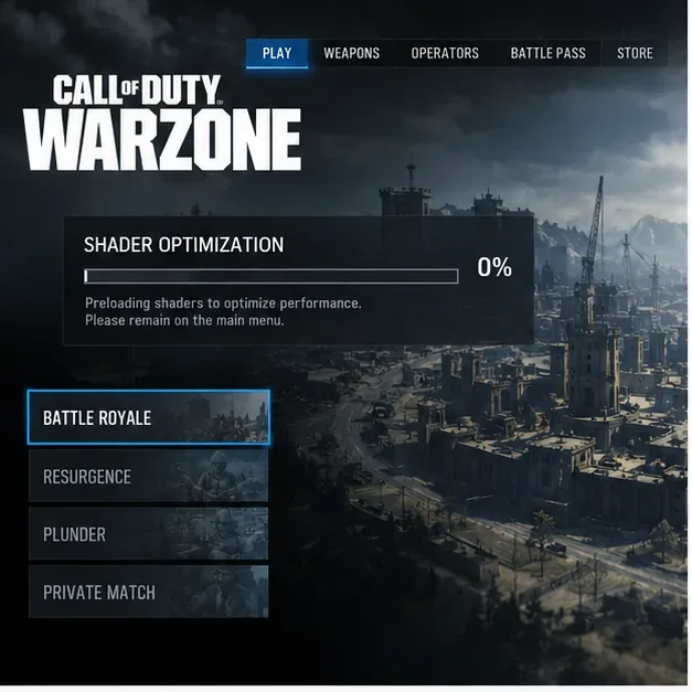 Warzone Main Menu showing Shader Optimization at 0 percent with a message to remain on the main menu