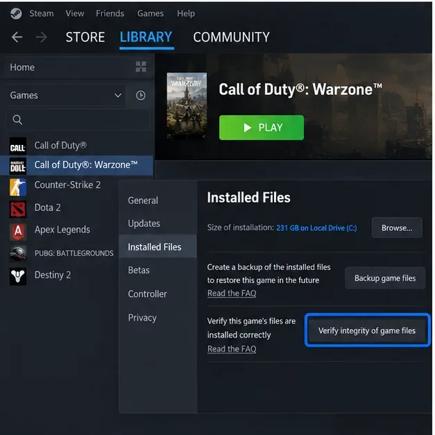 Steam Properties window for Call of Duty Warzone with Installed Files and Verify integrity of game files highlighted