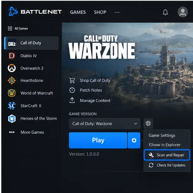 Battle.net Call of Duty page with the game settings menu open and Scan and Repair highlighted