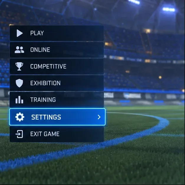 Ein Hauptmenü im Rocket League-Stil, bei dem die Zeile „Einstellungen“ hervorgehoben ist.