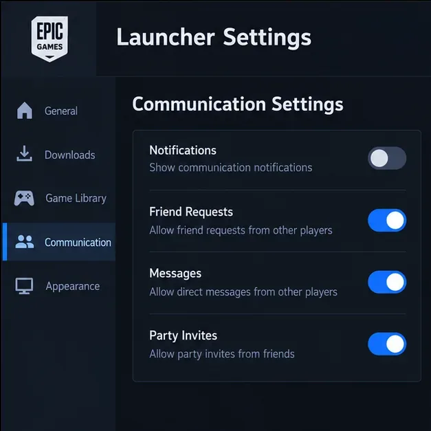 Kommunikationseinstellungen des Epic Games Launchers bei deaktivierten Benachrichtigungen