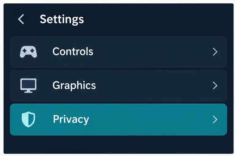 A conceptual mobile game Settings panel with Privacy highlighted below Controls and Graphics