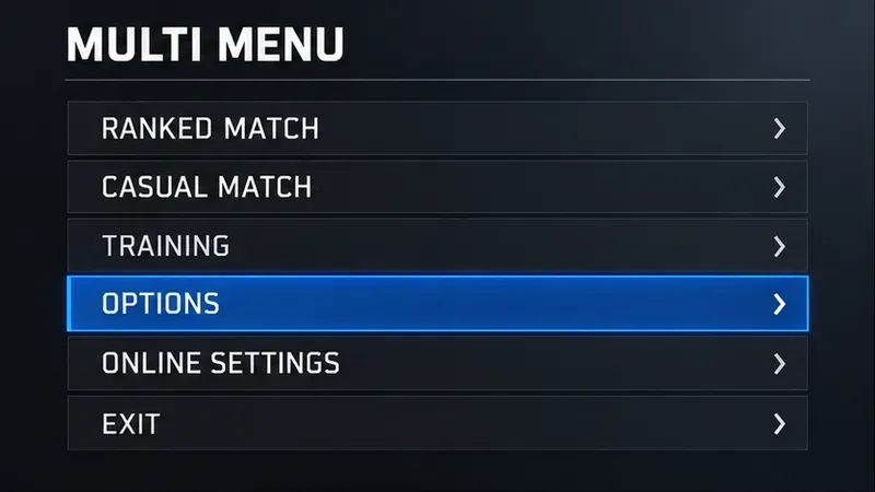 Menu multiple de style Street Fighter 6 avec options mises en évidence sous Match classé, Match amical et Entraînement