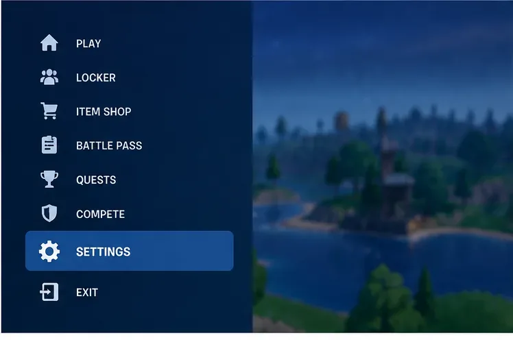 類似 Fortnite 的選單,其中「設定」選項高亮顯示