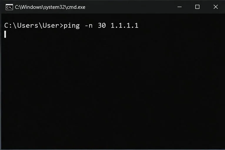 Windows Command Prompt with the command ping -n 30 1.1.1.1 entered and no results displayed