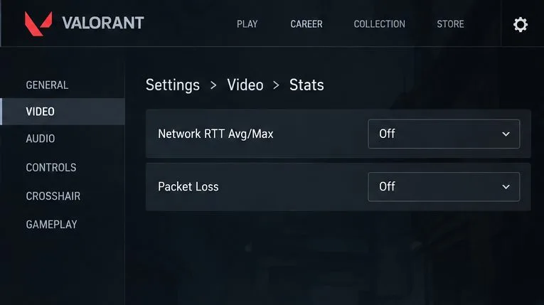 VALORANT Settings menu open to Video and Stats, showing Network RTT Avg/Max and Packet Loss options