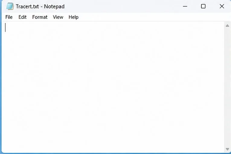 A blank Notepad window titled Tracert.txt