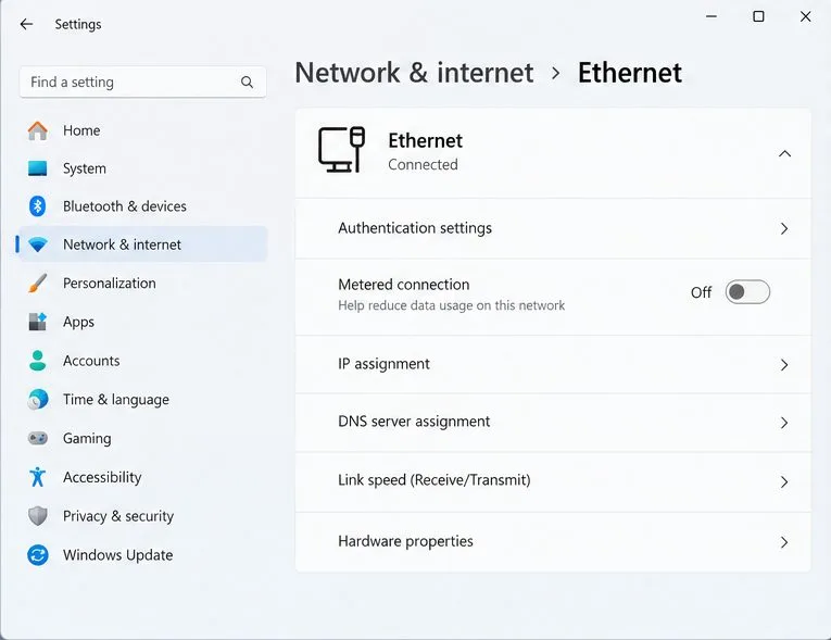 Windows 11 Network and Internet settings showing an Ethernet connection as Connected