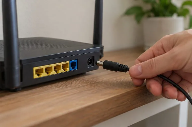 A hand unplugging a home router's power cable during a router restart