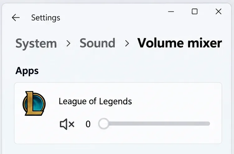 Le mélangeur de volume Windows affiche une ligne d'application League of Legends avec un haut-parleur coupé et un volume à zéro.