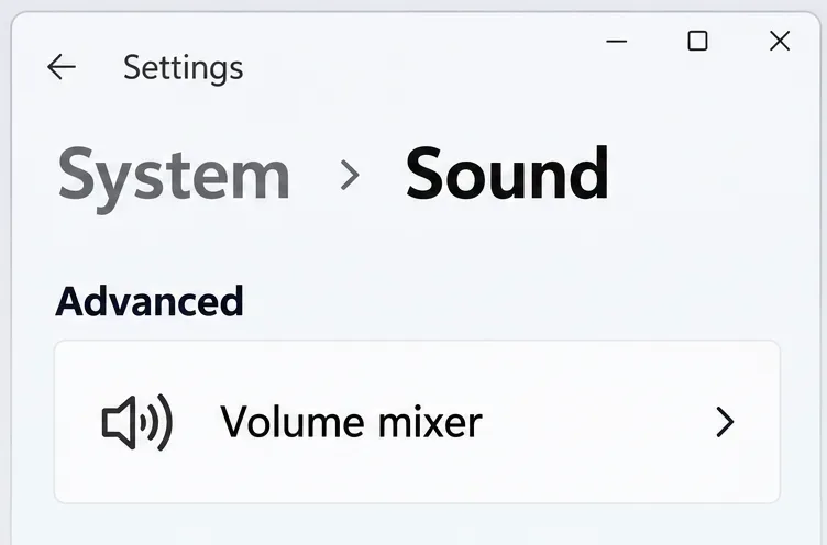 Paramètres audio Windows avec la ligne de navigation du mélangeur de volume sous Avancé.