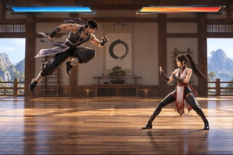 A fictional opponent traveling through the air in a forward jump while the defender waits on the ground