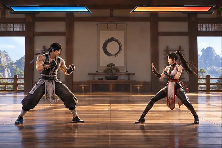 Two fictional fighters standing at neutral range on a training stage before an anti-air drill
