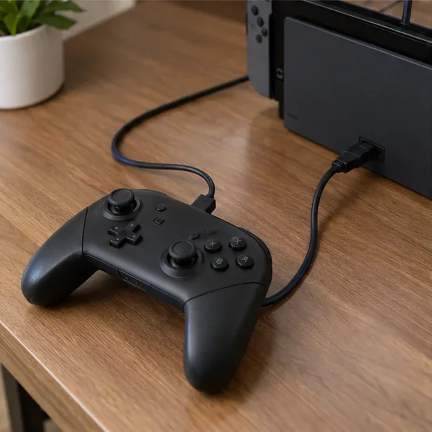 USBケーブルでドックに接続されたNintendo Switch本体に接続されたゲームコントローラー