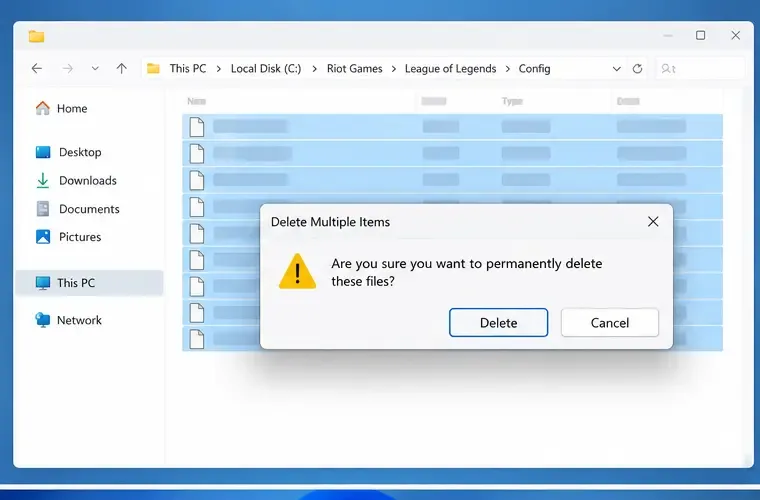 Fichiers sélectionnés dans le dossier League Config et boîte de dialogue de confirmation pour la suppression de ces fichiers.