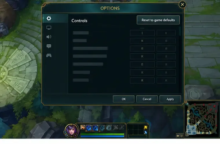 Options de jeu de la ligue dans l'onglet Commandes avec l'option Réinitialiser les paramètres par défaut du jeu visible.