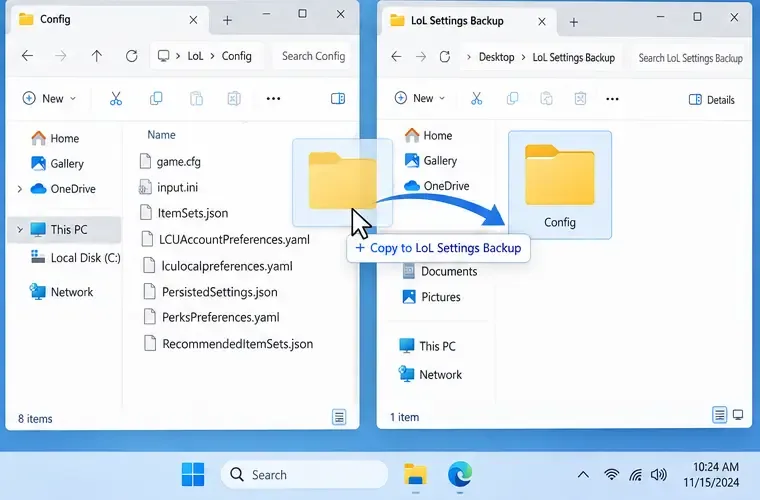 Un dossier de configuration est copié dans un dossier de sauvegarde de bureau distinct avant la réinitialisation.