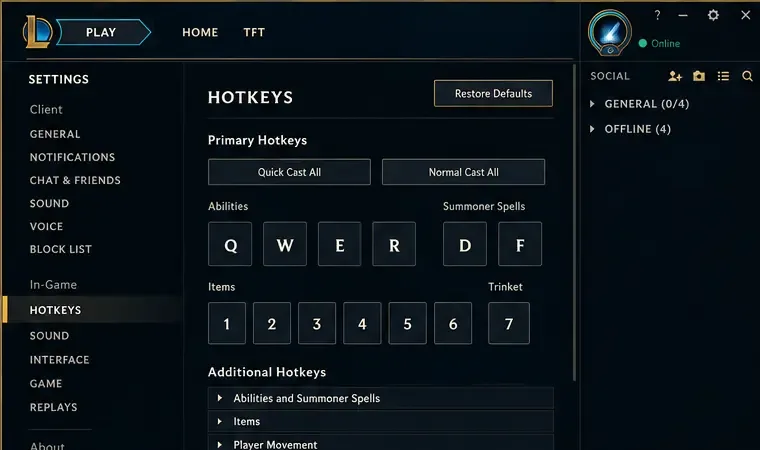 Paramètres des raccourcis clavier du client League avec le bouton Restaurer les valeurs par défaut visible ; utilisez-le uniquement pour réinitialiser les raccourcis clavier du client.