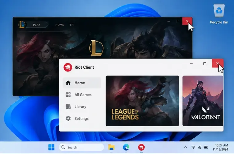 Les fenêtres League of Legends et Riot Client, avec leurs boutons de fermeture visibles, doivent être fermées avant toute modification des fichiers de configuration.