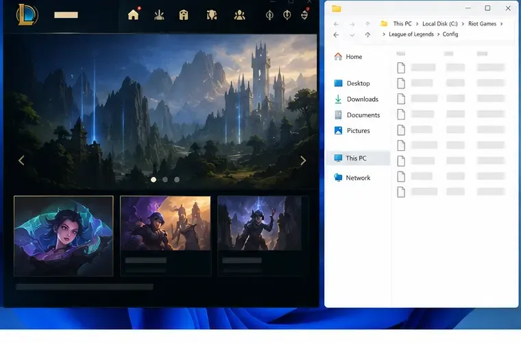 Le client League connecté se trouve à côté du répertoire Config, affichant la deuxième vérification des fichiers de configuration régénérés.