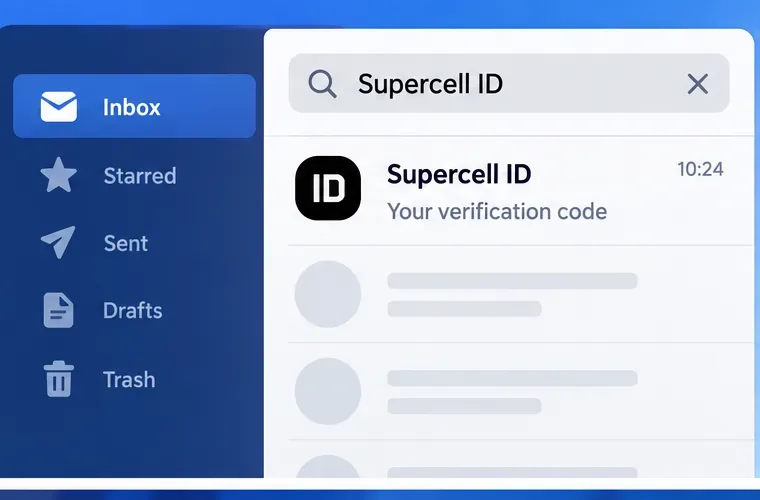 Recherche dans la boîte mail du terme « Supercell ID » avec comme résultat un e-mail de vérification.