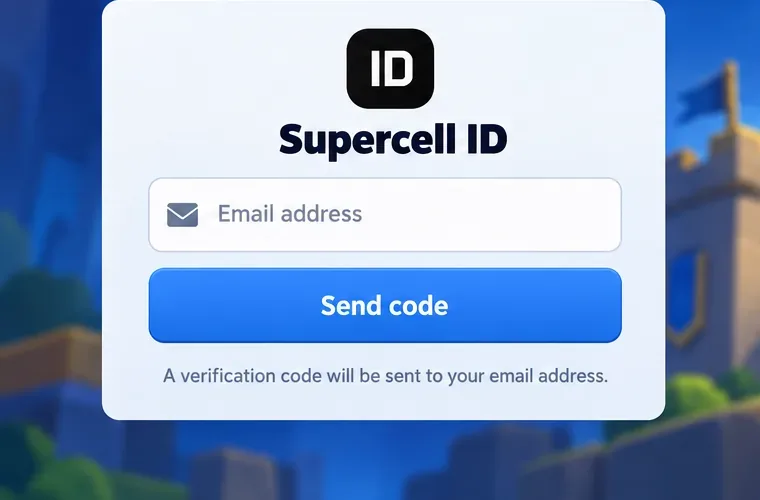 Un panneau de connexion Supercell ID avec un champ email et un bouton Envoyer le code.