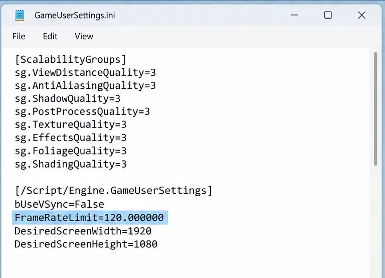 Fenêtre du Bloc-notes affichant le fichier GameUserSettings.ini avec bUseVSync=False et FrameRateLimit=120.000000.