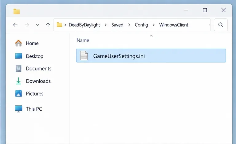 Explorateur de fichiers ouvert sur DeadByDaylight Saved Config WindowsClient avec GameUserSettings.ini sélectionné.