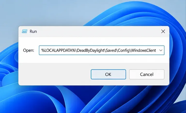 Boîte de dialogue Exécuter de Windows contenant le chemin d'accès au dossier WindowsClient de configuration enregistrée de DeadByDaylight.