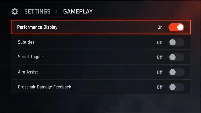Illustrative Gameplay settings list showing Performance Display switched On.