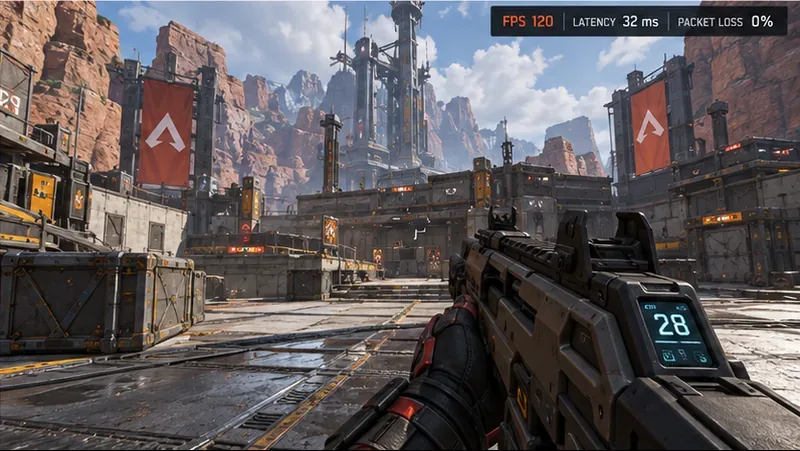 Illustrative first-person arena view with a compact upper-right readout for FPS, latency, and packet loss.