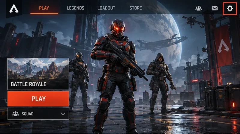 Illustrative Apex-style lobby interface with the settings gear in the upper-right corner outlined.